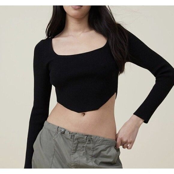 Cotton On Tops - Cotton On Womens Black Rib Knit Corset Long Sleeve Stretch Sweater Top Medium